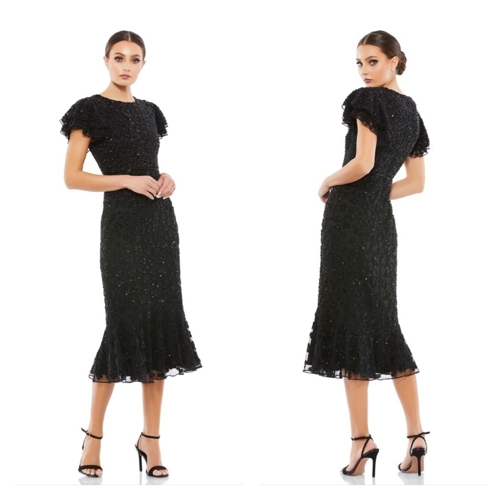 Mac Duggal 10827 NWT HAND BEADED FLOUNCE SLEEVE MIDI DRESS